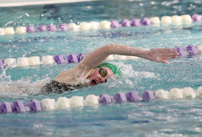 L-P's co-op's Clara Weitl competes in the 200 yard freestyle relay on Tuesday, Oct. 8, 2024 at the Illinois Valley YMCA in Peru.