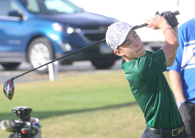 St. Bede's Caden Carls tees off during the Class 1A Regionals on Wednesday, Oct. 1, 2025 at Deer Park Golf Club in Oglesby.