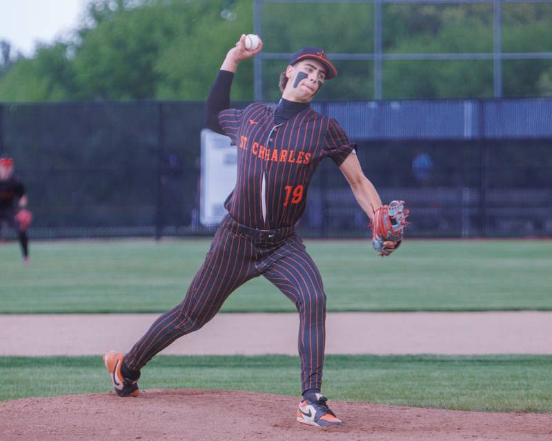 St. Charles East's Gavin Fuscone delivers a pitch against St. Charles North on Monday May 4, 2026 in St. Charles.