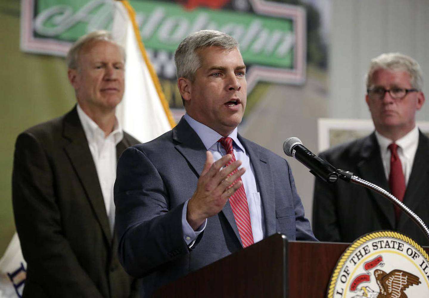 Mayor Bob O'Dekirk addresses reporters, the public and elected officials from Will County during a news conference Monday announcing the construction of a bridge connecting Houbolt Road and CenterPoint intermodal in Joliet.