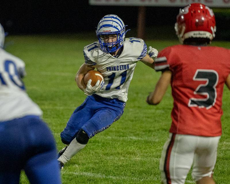 Braden Shaw (11) of Princeton runs ball on Friday, Oct. 3, 2025 at Richard Nesti Stadium in Spring Valley.