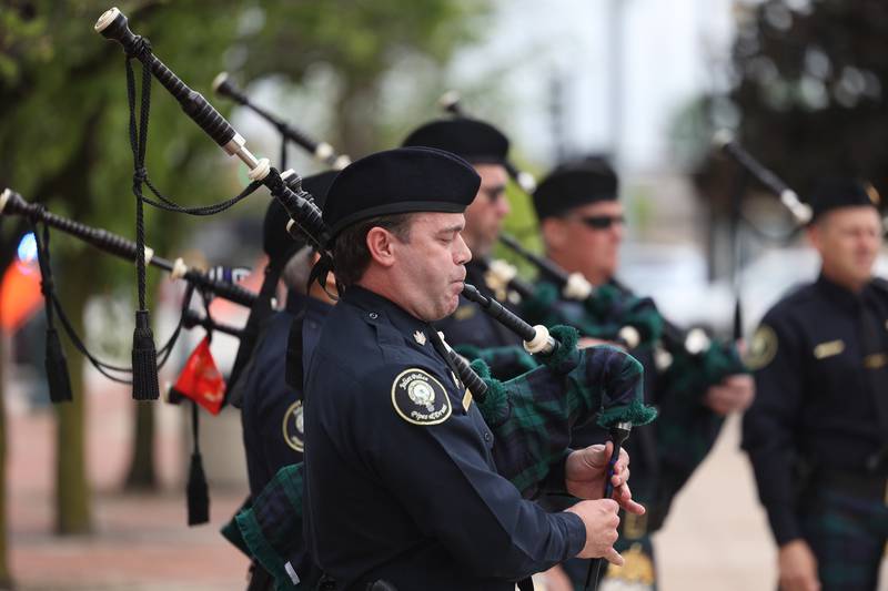A member of the Joliet Police Pipes and Drums plays the pipes during the Will County Law Enforcement Memorial ceremony on Thursday, May 9, 2024 in downtown Joliet.