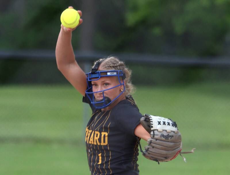 Harvard’s Tallulah Eichholz fires toward home plate against Prairie Ridge during Class 3A softball regional final action at Lions Park in Harvard Friday.