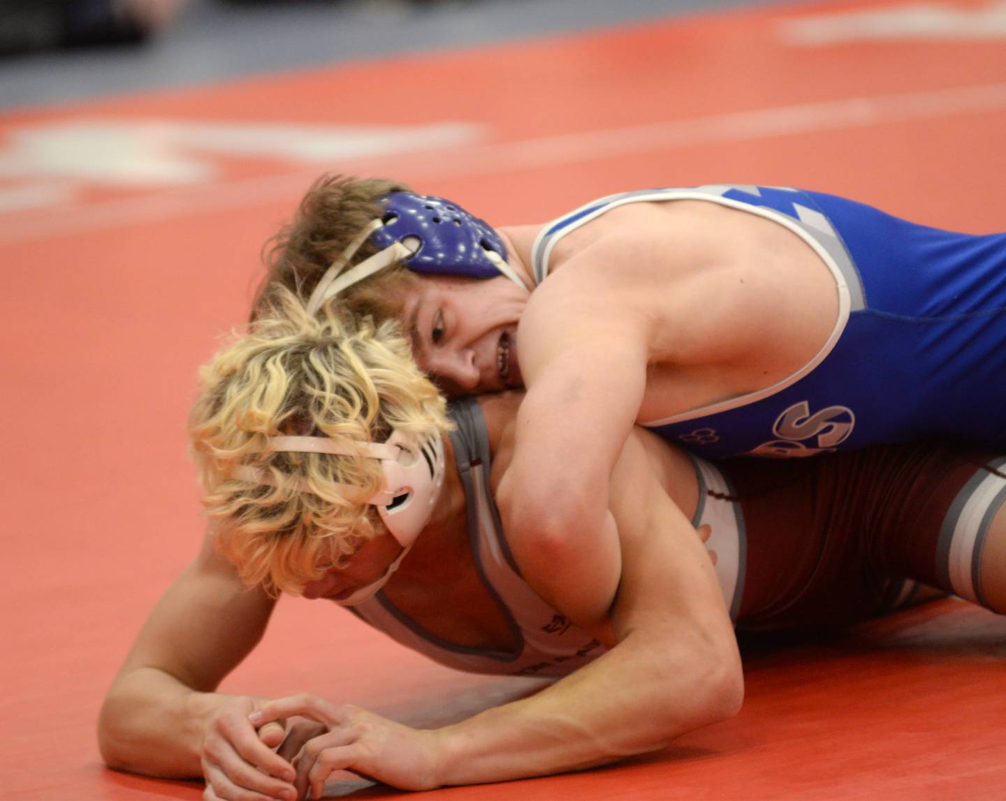 Princeton’s Casey Etheridge (top) wrestles Wheaton Academy’s Tyler Jones at 165 pounds at the 1A Oregon Sectional on Saturday, Feb. 15, 2025.