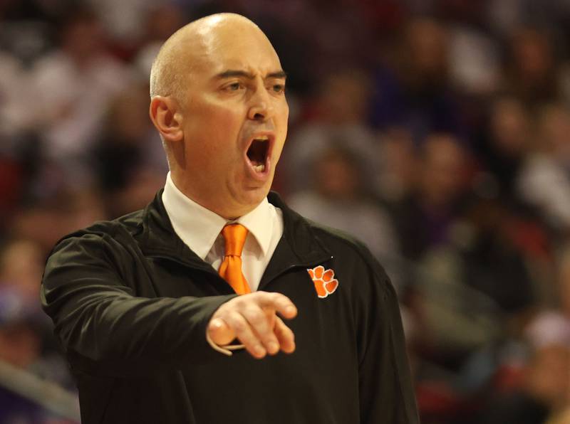 Byron head girls basketball coach Eric Yerly coaches his team against Breese Central during the Class 2A title game on Saturday, March, 7, 2026 at CEFCU Arena in Normal.