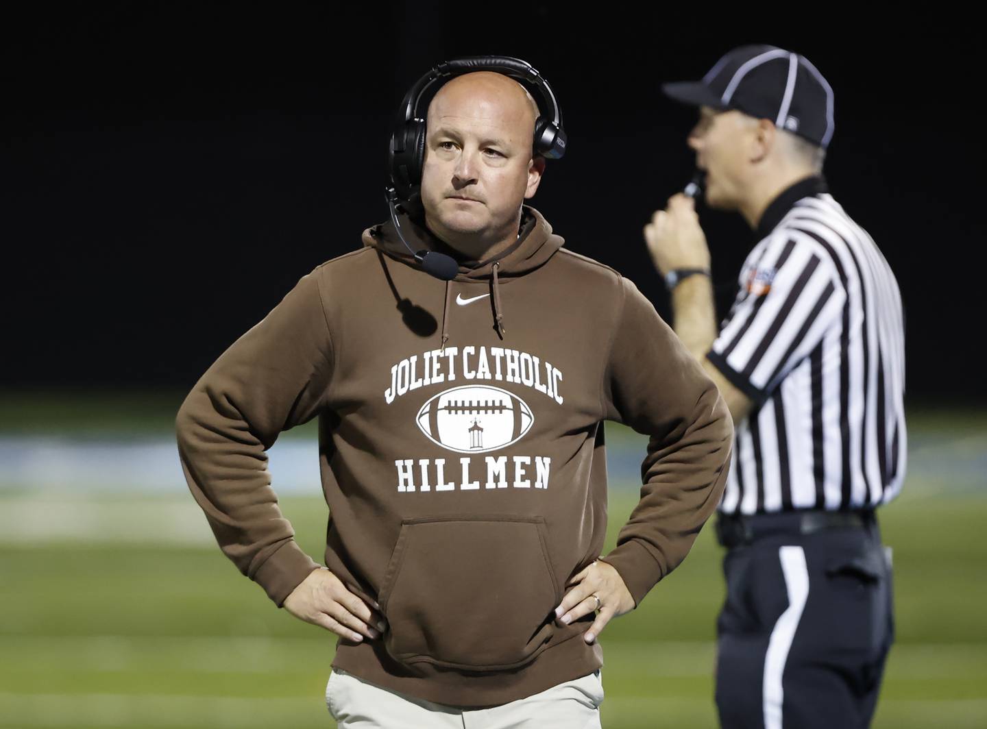 Joliet Catholic head coach Jake Jaworski watches the action during the varsity football game between Joliet Catholic and Nazareth academies on Friday, Sep. 27, 2024 in La Grange Park.