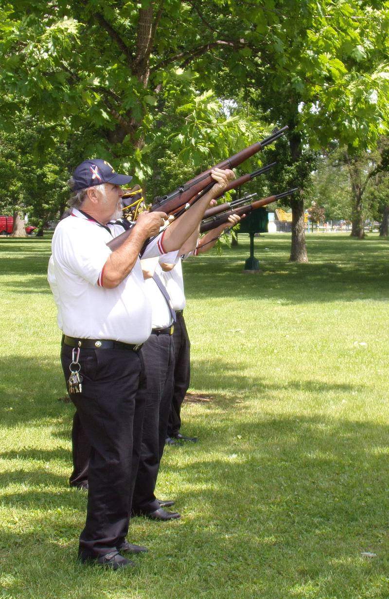 A salute is fired Monday, May 30, 2022, at the Memorial Day ceremony at Veterans Plaza in City Park in Streator.