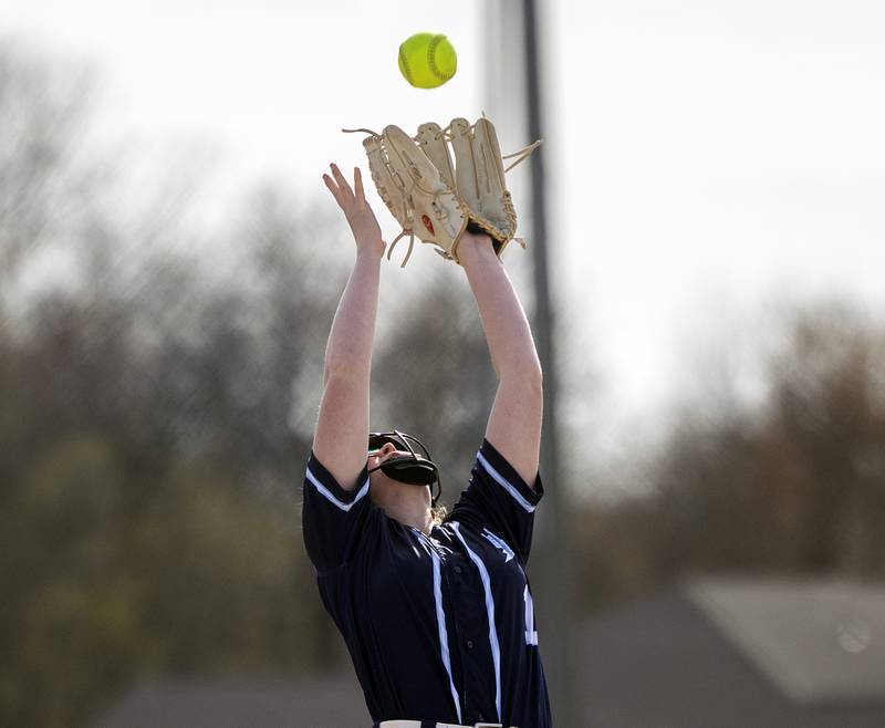 Bureau Valley’s Kadyn Haage hauls in a pop up against Newman Wednesday, April 16, 2025.