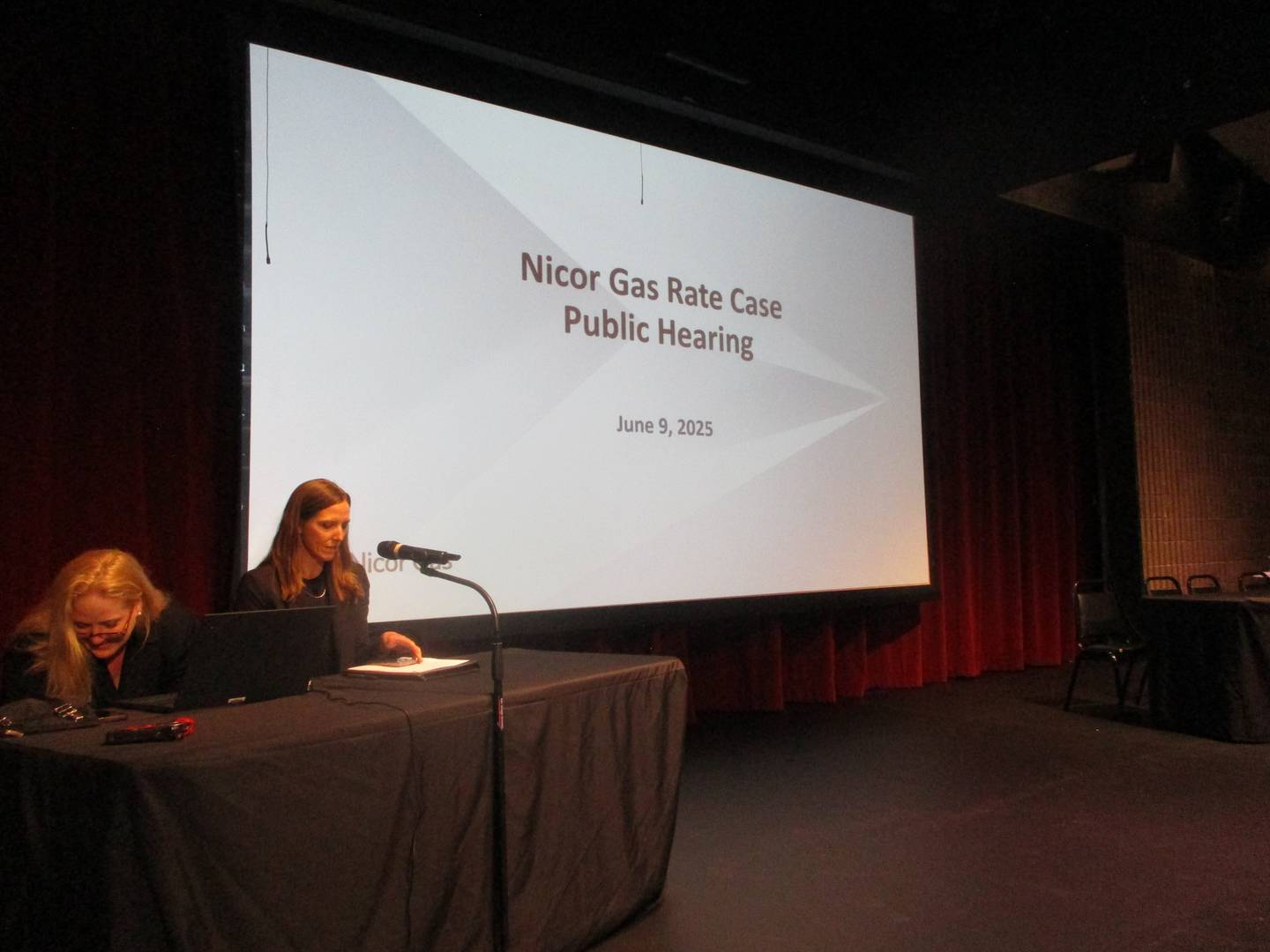 llinois Commerce Commission Administrative Law Judge Caitlan Groh (right) led the public hearing in Joliet on Monday for a proposed $316 million rate increase for Nicor Gas. June 9, 2025