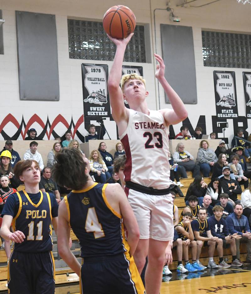 Fulton's Ethan Price (23) shoots as Polo's Brock Soltow (4) and Nolah Hahn (11) defend during Friday, Jan. 13 action on the Stan Borgman Court in Fulton.