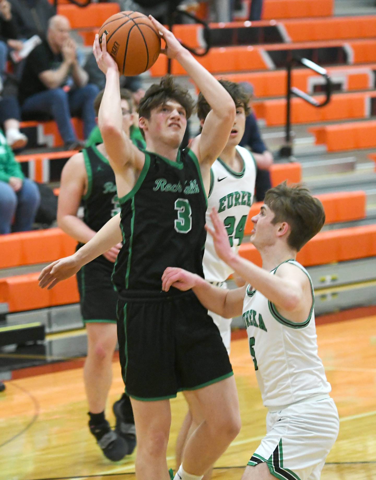 Rock Falls' Ryken Howard puts up a shot over a Eureka defender Thursday at the 2A Byron Regional semifinal.