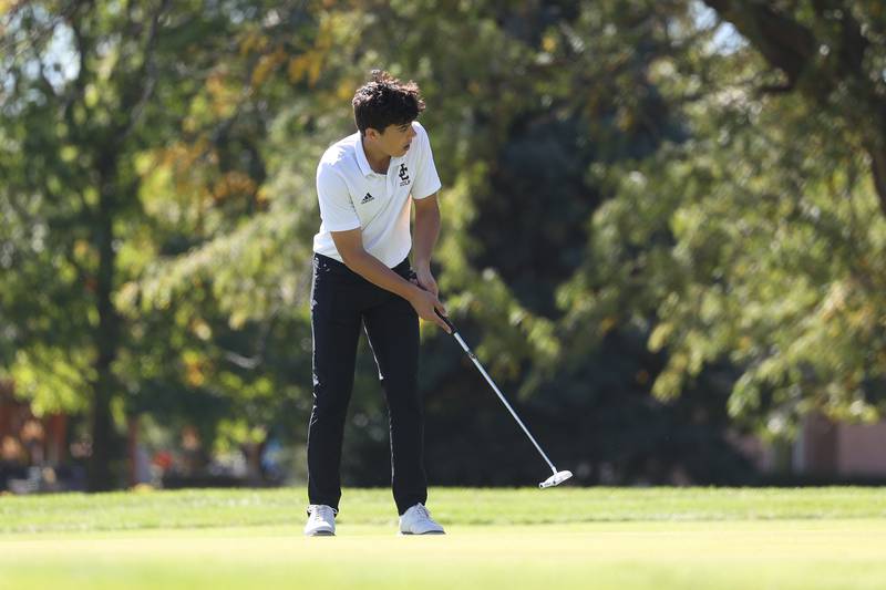 Joliet Catholic’s Nick Egizio eyes a putt on the fourth green in the Class 2A Lemont Boys Golf Sectional on Monday, Oct. 7, 2024 at Wedgewood Golf Course in Lemont.