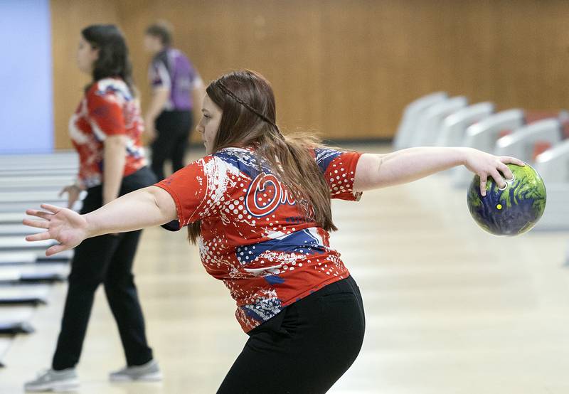 Oregon’s Savannah Nagy bowls against Dixon Tuesday, Jan. 7, 2025, at Plum Hollow.
