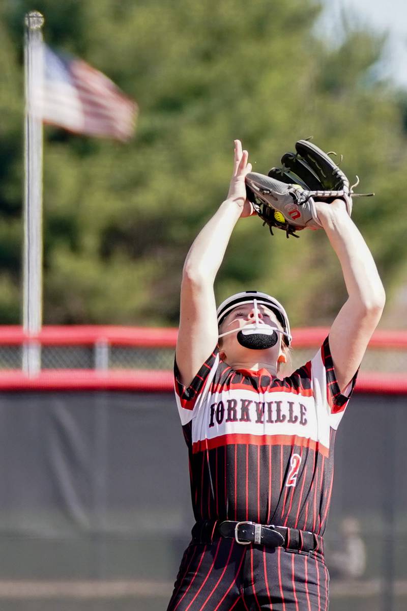 Yorkville's Brooke Ekwinski (2) catches a pop-up for an out against Antioch during a nonconference softball game at Yorkville High School on Saturday, April 12, 2025.