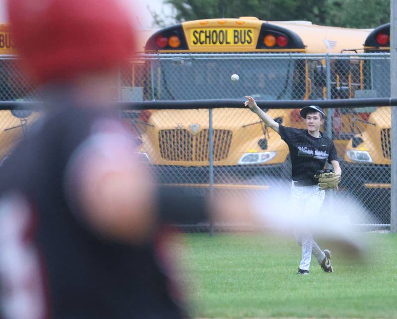 Woodland's Tanner Norman throws the ball back to the infield after fielding it as Henry-Senachwine's Jacob Miller rounds first base on Tuesday, May 12, 2026 at Woodland High School.