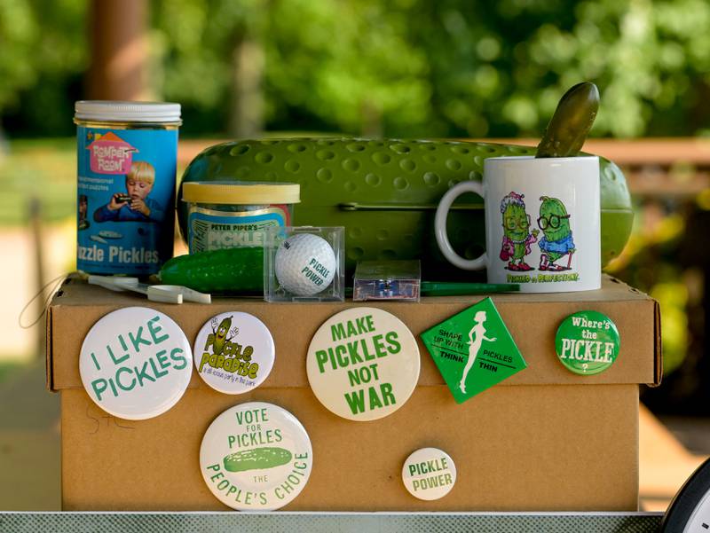 Some historical pickle promotional items were on display at the Inaugural Pickle Paradise event at Pottawatomie Park in St. Charles on Friday, June 21, 2024.