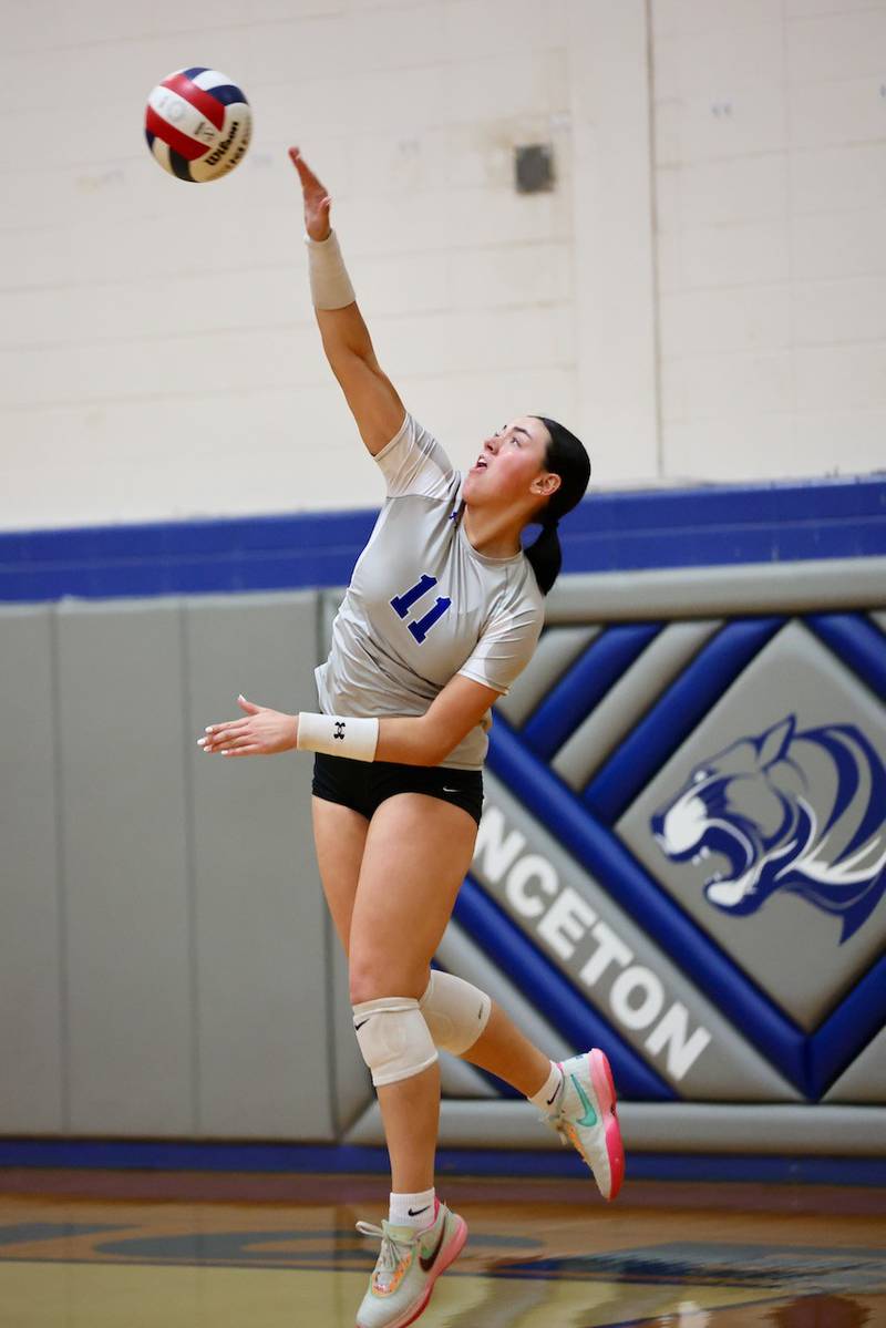 Princeton's Keely Lawson serves one up Tuesday night against Kewanee at Prouty Gym. The Tigresses won 25-8, 25-22.