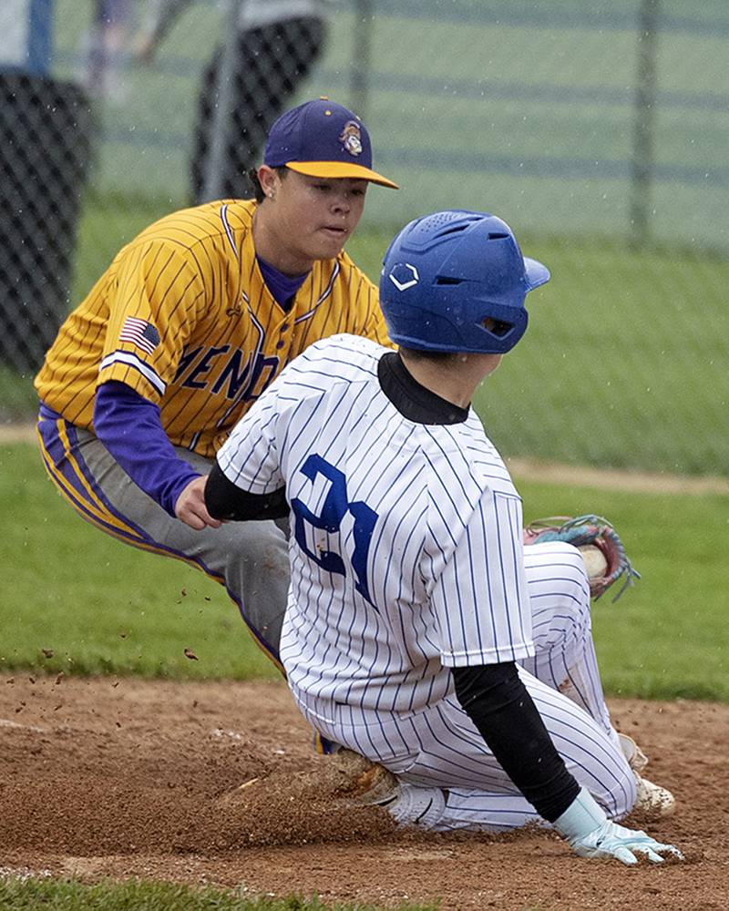 Newman’s Michael Morse is tagged out trying to score on a wild pitch against Mendota Thursday, April 30, 2026.