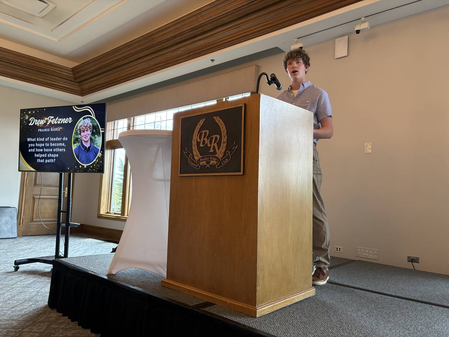 Drew Fetzner, scholarship winner, speaks at the GEM Leadership Celebration in Lake in the Hills Thursday, April 23, 2026.