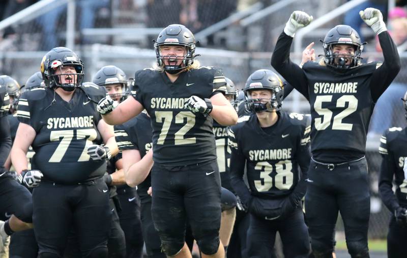 The Sycamore sideline celebrates as the defense stops St. Patrick on a fourth down play sealing the win for the Spartans in their IHSA Class 5A state quarterfinal game Saturday, Nov. 13, 2021, at Sycamore High School.