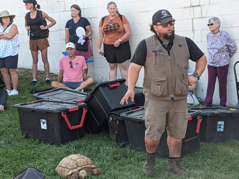 Mike Levins, co-owner of Crosstown Exotics, shows off a tortoise during the Fox Fall Fest in downtown Oswego on Oct. 5. The festival is organized by the Oswego Chamber of Commerce and Oswego Downtown Association.