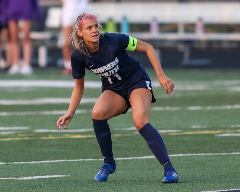 Downers Grove South's Grace Rappel (11) watches her penalty kick during Class 3A Addison Trail Regional final soccer match between Downers Grove South at Downers Grove North.  May 19, 2023.