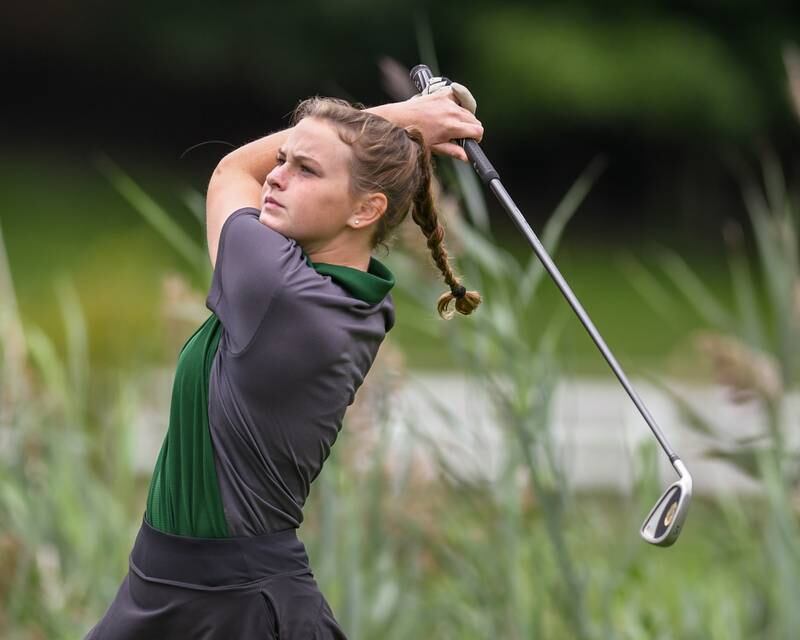 Plainfield Central Riley Freischlag tees off during the front half of the regional match on Thursday Sep. 28, 2023, held at Whitetail Ridge in Yorkville.