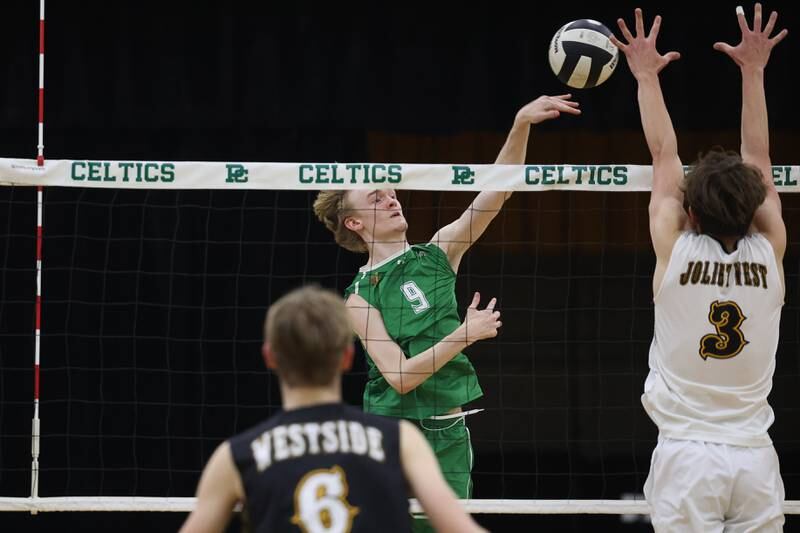 Providence’s Jackson Fowler hits a shot against Joliet West on Tuesday, April 16, 2024 in New Lenox.