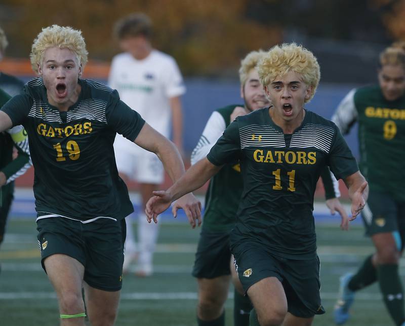 Crystal Lake South's Nico Velasco (right) celebrates his goal during the IHSA Class 2A state championship soccer match on against Peoria Notre Dame Saturday, Nov. 4, 2023, at Hoffman Estates High School.