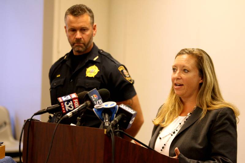 Kane County States Attorney Jamie Mosser and Sheriff Ron Hain speak to the press as the announce the results of an investigation in the shooting death of a dog by the husband of the Wayne village president.