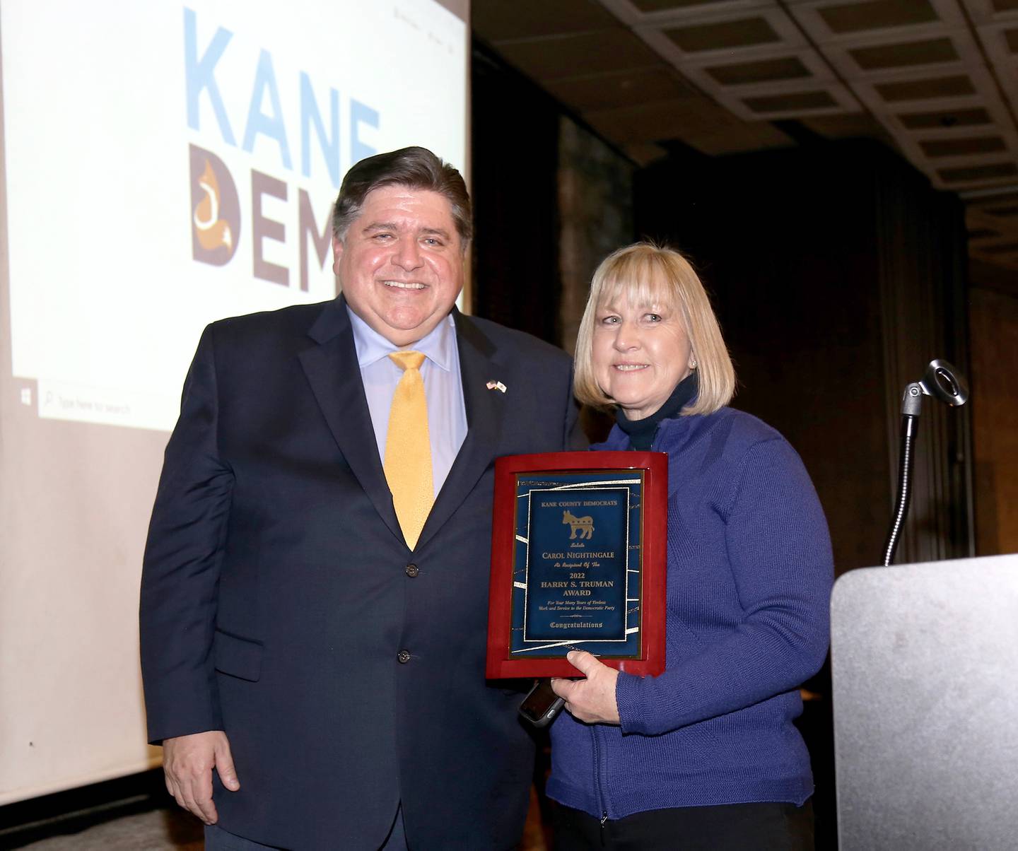 Governor JB Pritzker and the 2022 recipient of the Harry S. Truman Award, Carol Nightingale on Sunday, Feb. 27, 2022 at Two Brothers Round House in Aurora.