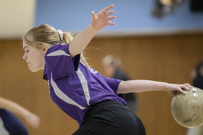 Dixon’s Autumn Swift focus’ on the pins Thursday, Dec. 1, 2022 against Sterling.