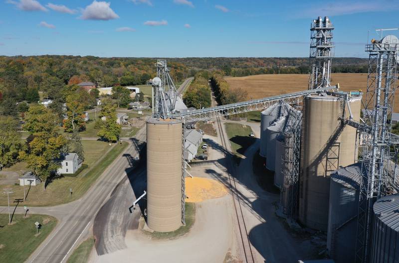Some corn leaks out of a grain bin during a partial collapse at Rumbold & Kuhn Inc. on Tuesday, Oct. 15, 2024 in Putnam.