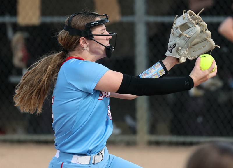 Ottawa's Adelynn Russell delivers a pitch Monday, May 12, 2025, during their game at Sycamore High School.