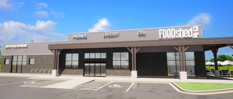 An architect's rendering for the Food Shed Co-op, set to begin construction in Summer 2023 at Route 14 and Lake Shore Drive, Woodstock.