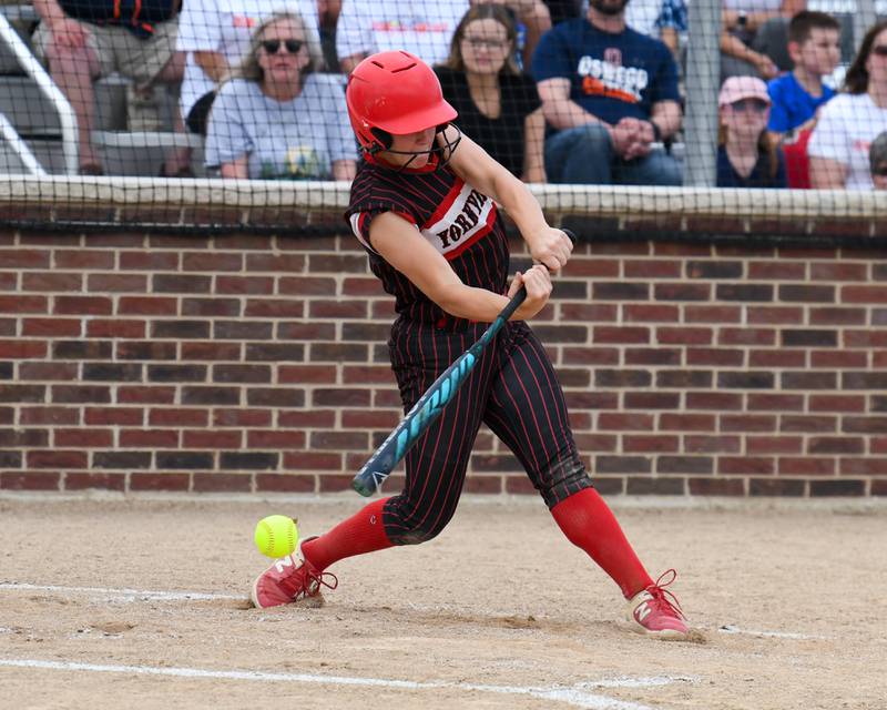 Yorkville's Brooke Ekwinski (2) makes contact with the ball during the sectional semifinals game on Tuesday June 3, 2025, while traveling to take on Oswego High School.