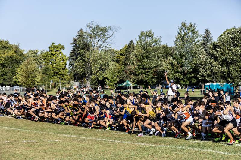 Varsity cross country runners begin the Locktoberfest three-mile race at Dellwood Park in Lockport on October. 4, 2025.