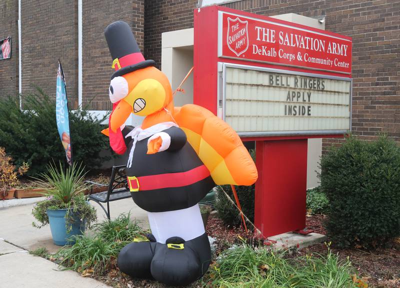 A turkey stands outside the Salvation Army facility on Grove Street in DeKalb Friday, Nov. 22, 2024, as they hold their Let’s Talk Turkey food drive in association with WLBK. The campaign collected turkeys, hams and monetary donations for Thanksgiving meals.