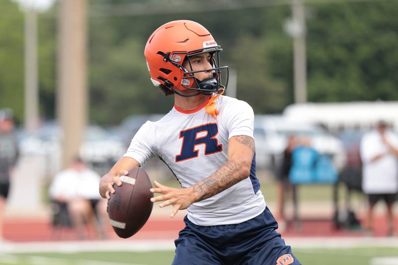 Romeoville's Richard Conley passes against Plainfield Central at Morris' 7-on-7 scrimmage on Tuesday, July 8, 2025 in Morris.