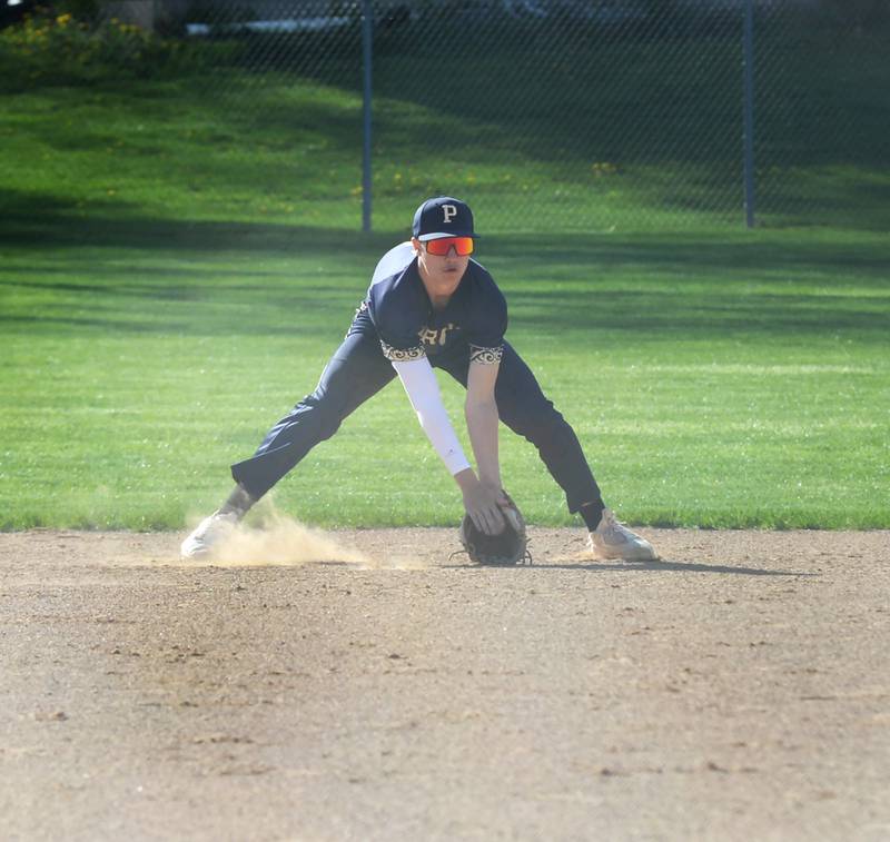 Polo's Gus Mumford fields a ground ball against Eastland during a Tuesday, April 23, 2024 game at Westside Park in Polo.