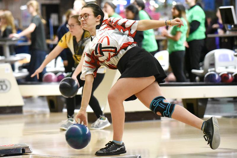 Bradley-Bourbonnais'Alyssa Bosman bowls in the foreground as Herscher's readies her attempt in the background during the All-City girls bowling meet at Brookmont Bowling Center in Kankakee Wednesday, Feb. 5, 2025.