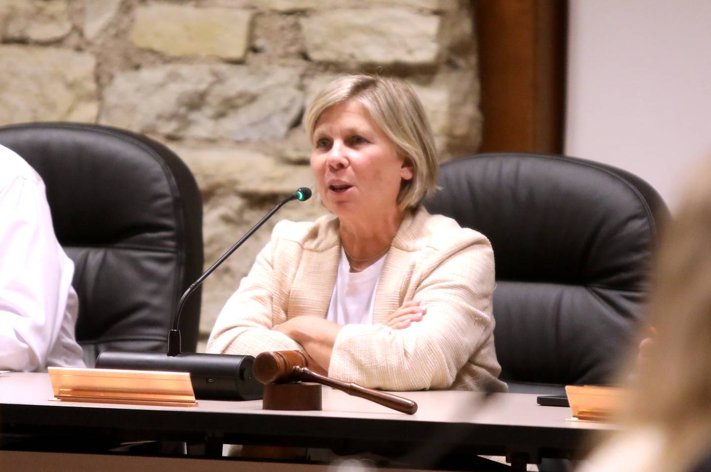 Brenda Engelhardt, candidate for Kane County Board District 14, gives a three-minute statement during a candidate forum for the 2024 General Election hosted by the League of Women Voters of Central Kane County on Monday, Sept. 30, 2024 at Batavia City Hall.