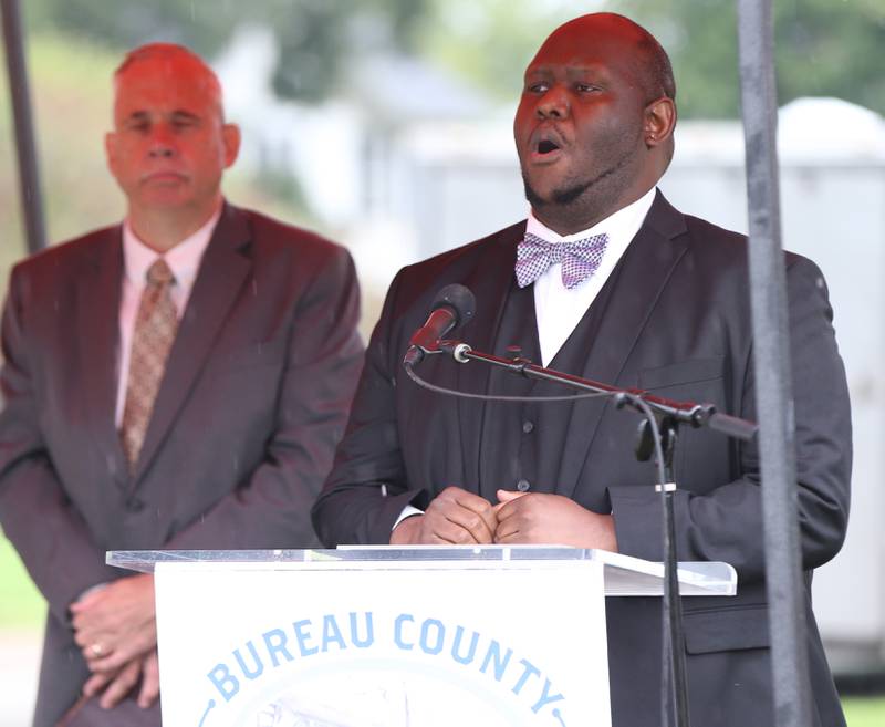 Cameo Humes, tenor singer, sings "Battle Hymn of the Republic" during a Civil War Monument Ceremony on Friday, Sept. 22, 2023 outside the Sash Stalter Matson Building in Princeton.