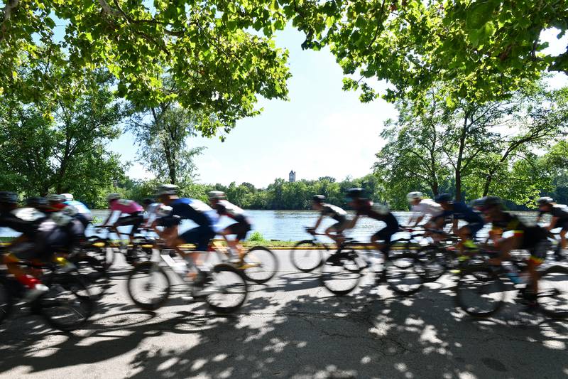 Riders in the pro category speed along Cobb Boulevard on Sunday afternoon during the 2023 Cobb Park Criterium, the annual bicycle races hosted by the South Chicago Wheelmen since the early 1980s in Kankakee's Cobb Park.
