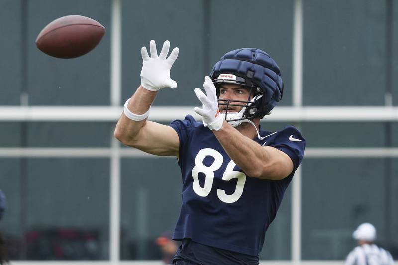 Chicago Bears tight end Cole Kmet catches a ball during NFL football practice at Halas Hall in Lake Forest, Ill., Tuesday, June 3, 2025. (AP Photo/Nam Y. Huh)