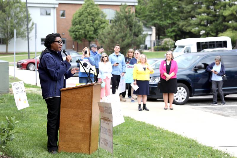 U.S. Rep. Lauren Underwood (D-Naperville) speaks to community members against cuts to the federal Older Americans Act at the Senior Services Associates community center in Yorkville.