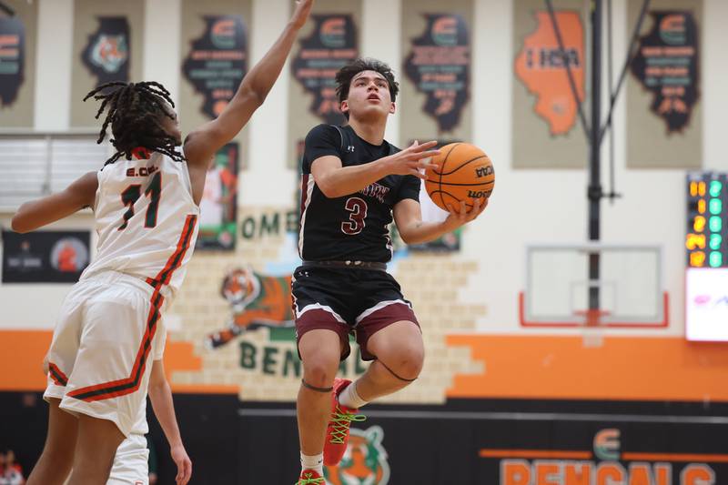 Plainfield North’s Lukas Alvarez goes in for the basket against Plainfield East on Tuesday, Jan 14, 2025.