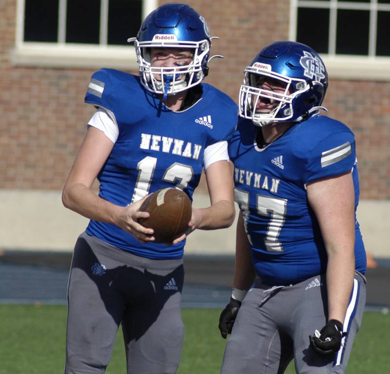 Newman player John Rowzee celebrate a touchdown with teammate  Cooper Spears. Newman defeated Chicago Hope 50-22 in Class 1A 1st round football at Sterling High School on Saturday, November 2, 2024.