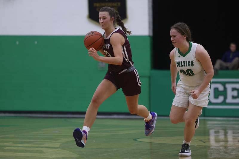 Lockport’s Kara Osinski takes the ball up court against Providence.