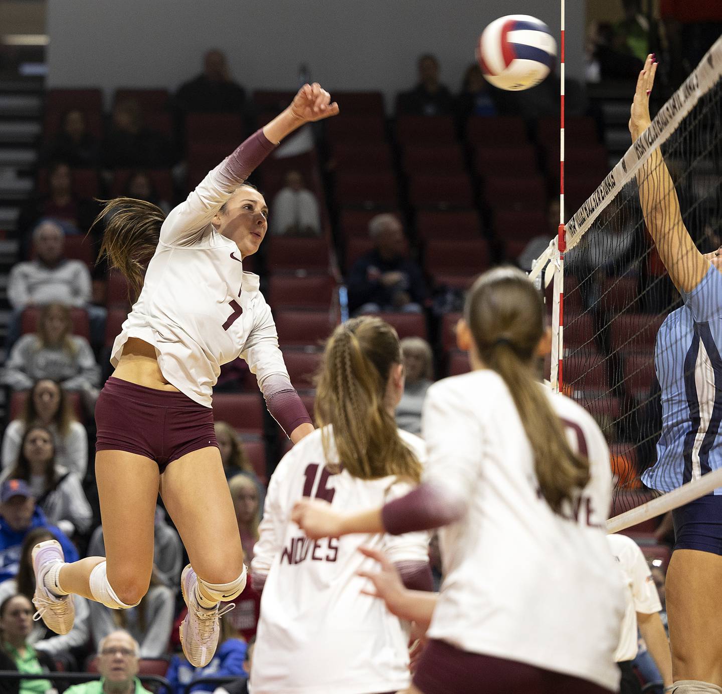 Prairie Ridge's Maizy Agnello spikes against DePaul College Prep Saturday, Nov. 16, 2024, in the Class 3A third place state volleyball match at CEFCU Arena in Normal.